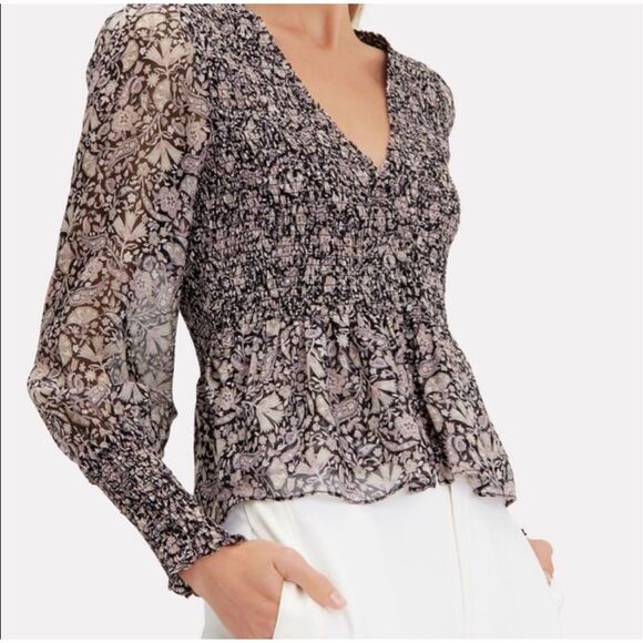 Intermix Silk Blouse Womens Size M Pink Black Floral Smocked Coquette Romantic - Picture 2 of 13